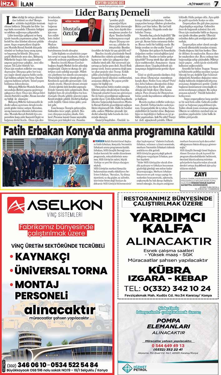 Konya İmza E-GAZETE! 11 / 17 Mart 2025 - Konya gazete oku - Konya yerel gazeteler 7