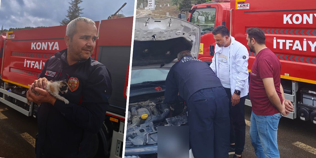 'Umut' sürprizi! Konya'da motora sıkışan kedi itfaiye tarafından böyle kurtarıldı