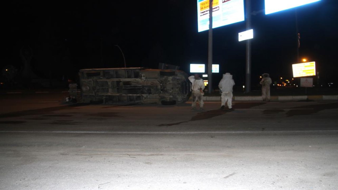 Konya'da arı yüklü kamyonet devrildi, arıları etrafa saçıldı