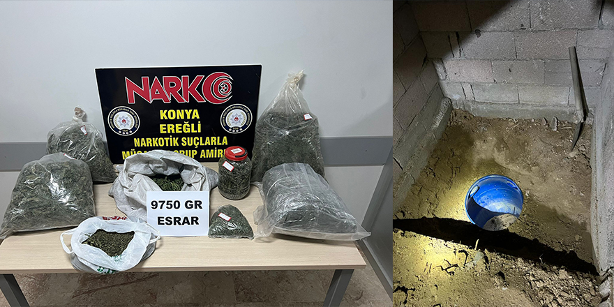 Konya'da evin toprak zeminine gömülmüş 9 kilo 750 gram esrar ele geçirildi