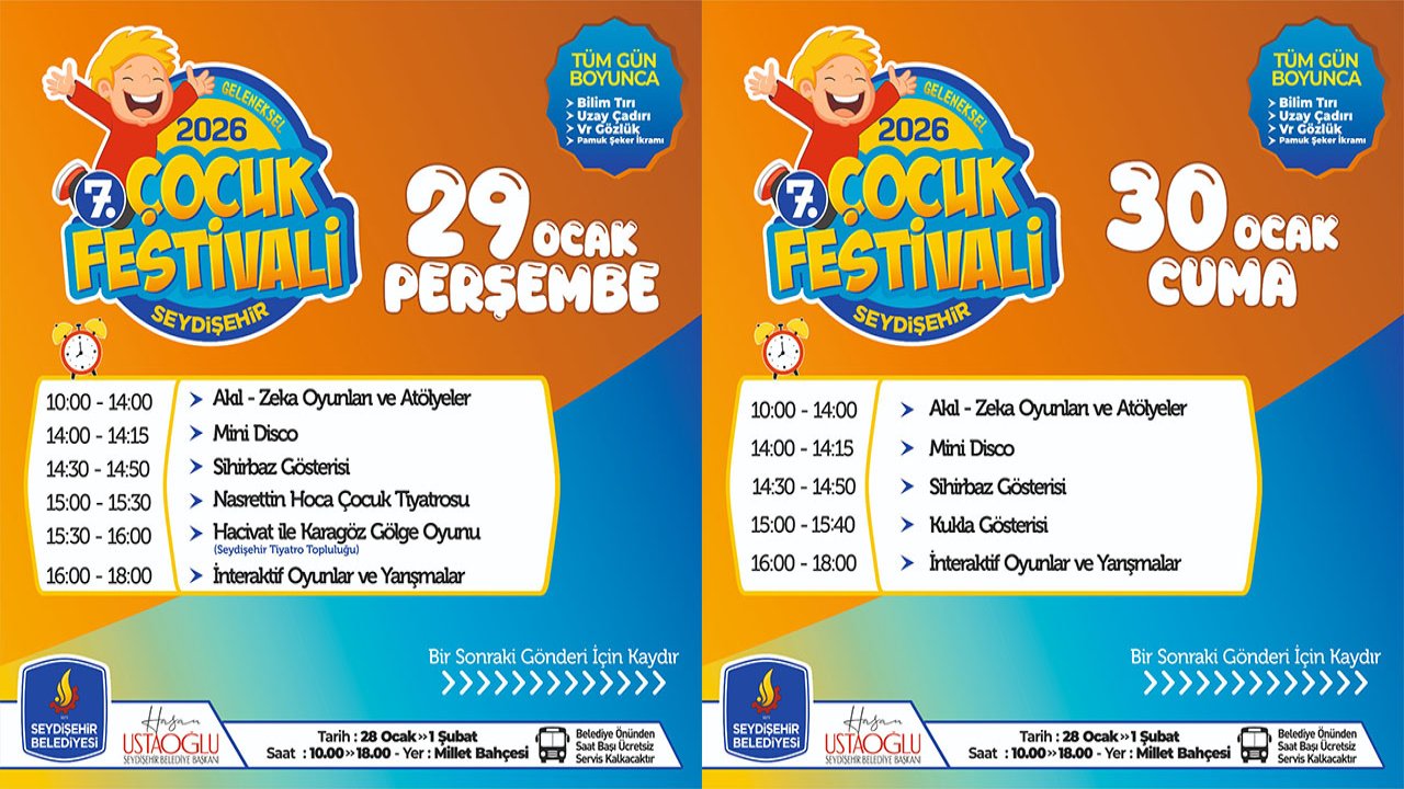 Seydişehir’de sömestr coşkusu başlıyor! 7. geleneksel çocuk festivali 28 Ocak’ta kapılarını açıyor!