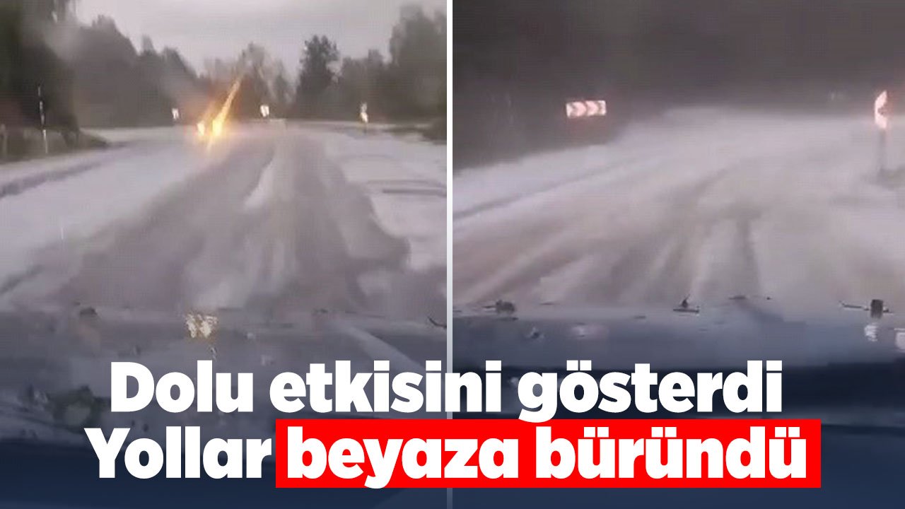 Dolu yağışı yolu beyaza bürüdü