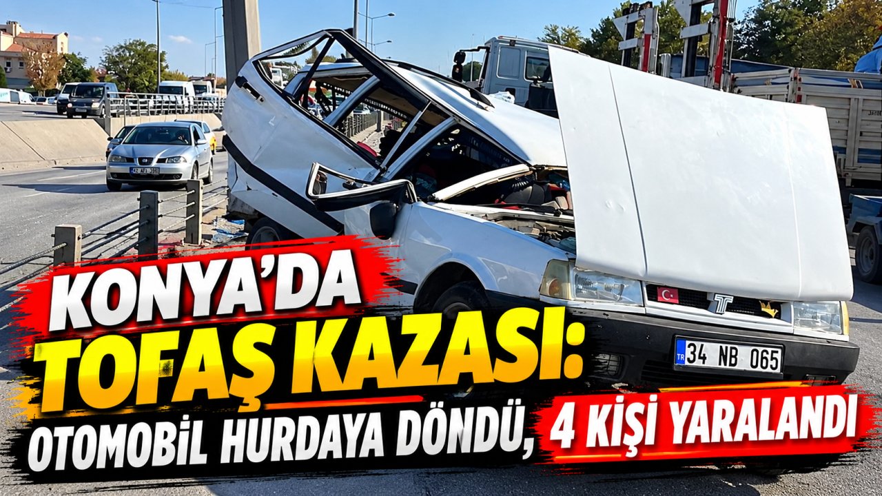 Konya’da Tofaş kazası: Otomobil hurdaya döndü, 4 kişi yaralandı