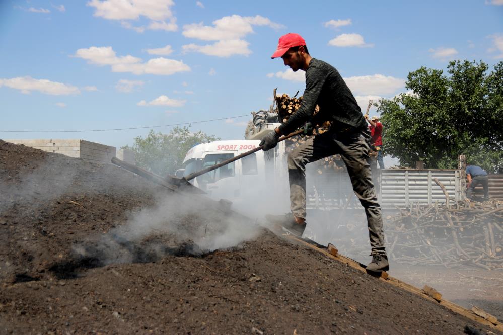 Diyarbakır sıcağında alın teri döken işçiler, ateş karşısında mangal kömürü üretiyor